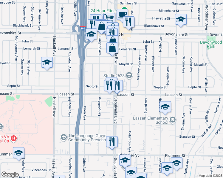 map of restaurants, bars, coffee shops, grocery stores, and more near 15429 Septo Street in Los Angeles