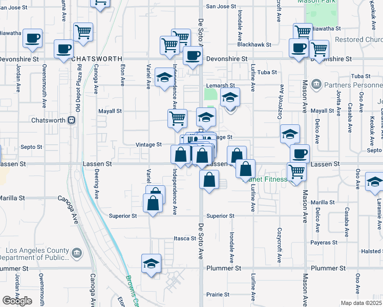 map of restaurants, bars, coffee shops, grocery stores, and more near 9926 Independence Avenue in Los Angeles