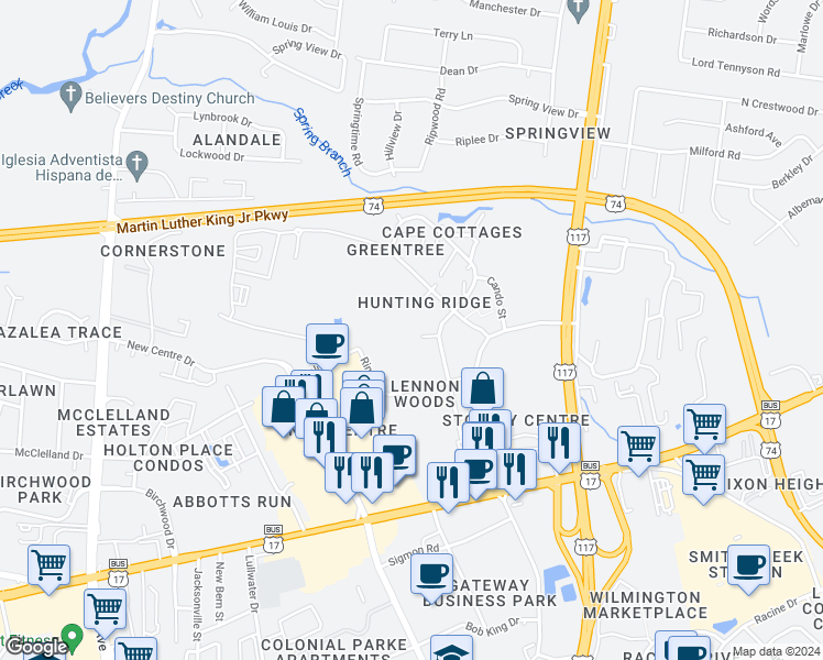 map of restaurants, bars, coffee shops, grocery stores, and more near 405 Lennon Drive in Wilmington