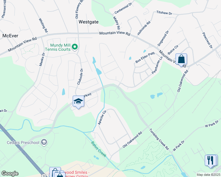 map of restaurants, bars, coffee shops, grocery stores, and more near 3523 Mountain View Road in Gainesville