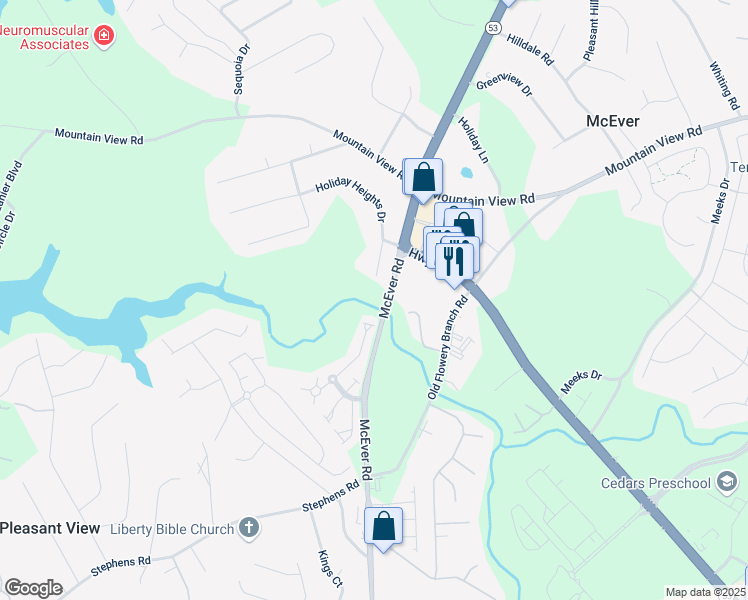 map of restaurants, bars, coffee shops, grocery stores, and more near 4332 McEver Road in Oakwood