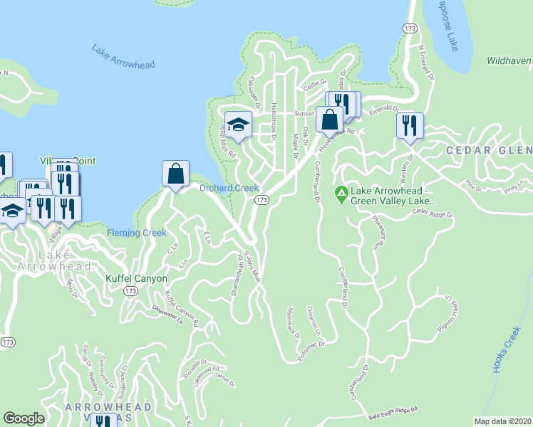 map of restaurants, bars, coffee shops, grocery stores, and more near 156 Fremont Road in Lake Arrowhead