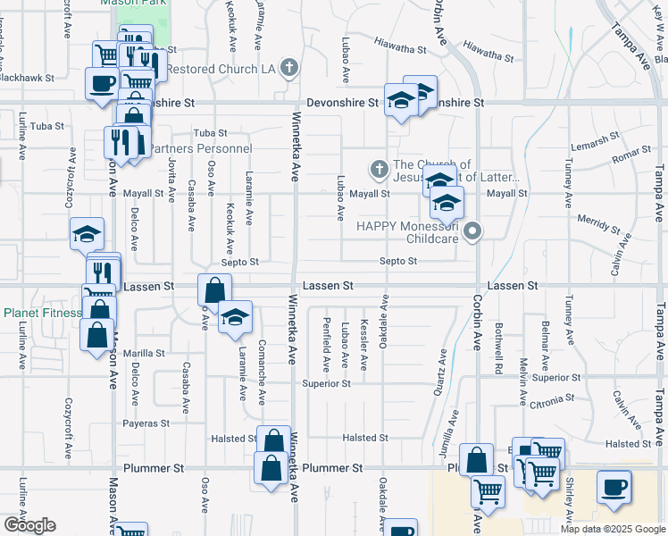 map of restaurants, bars, coffee shops, grocery stores, and more near 20004 Septo Street in Los Angeles