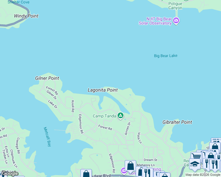 map of restaurants, bars, coffee shops, grocery stores, and more near 123 Lagunita Lane in Big Bear Lake