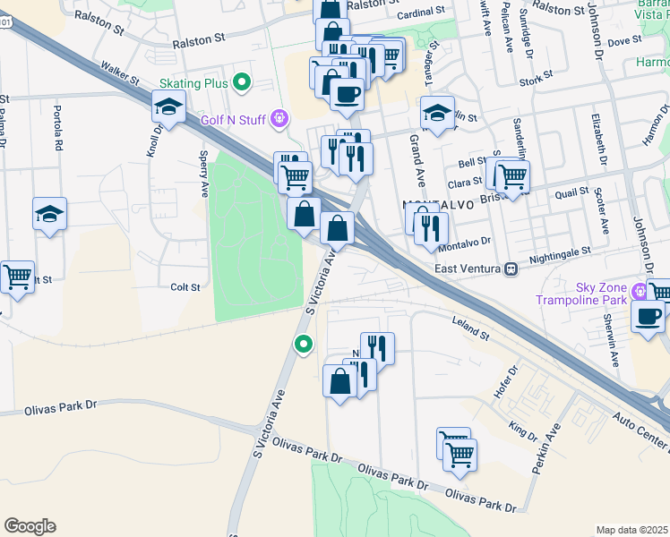 map of restaurants, bars, coffee shops, grocery stores, and more near 5818 Valentine Road in Ventura
