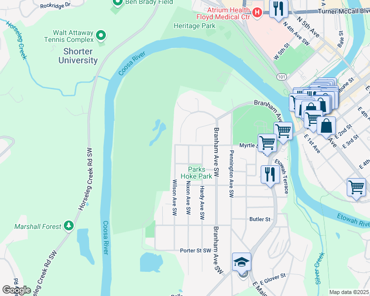 map of restaurants, bars, coffee shops, grocery stores, and more near 20 Orlystes Drive Southwest in Rome