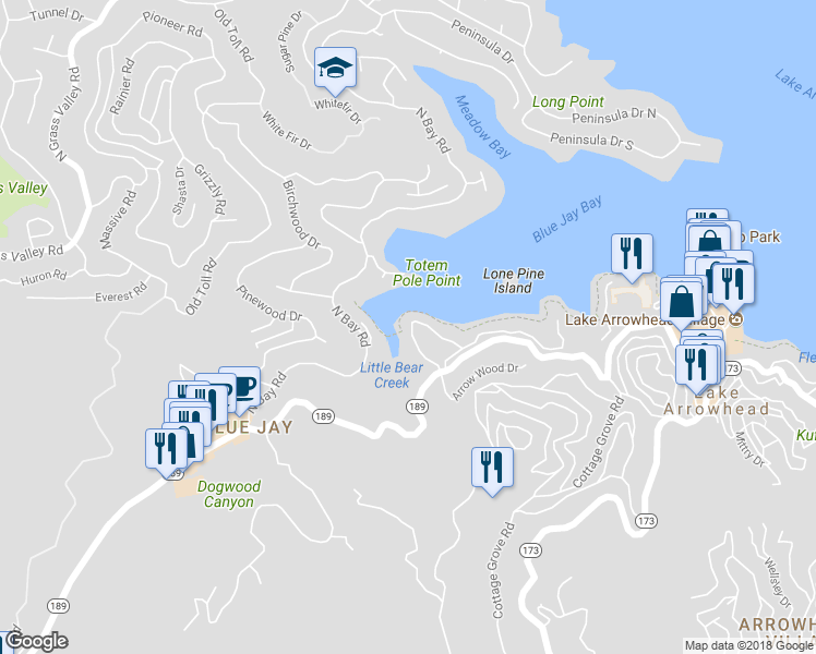 map of restaurants, bars, coffee shops, grocery stores, and more near 161 Rocky Point Road in Lake Arrowhead