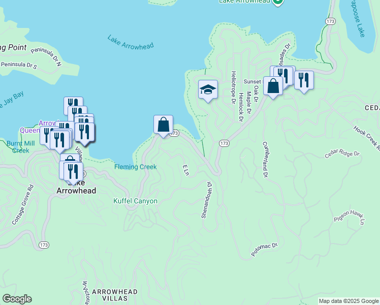 map of restaurants, bars, coffee shops, grocery stores, and more near 132 C Lane in Lake Arrowhead