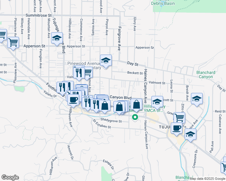 map of restaurants, bars, coffee shops, grocery stores, and more near 7020 Elmo Street in Los Angeles