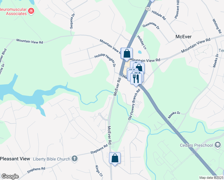 map of restaurants, bars, coffee shops, grocery stores, and more near 4332 McEver Road in Oakwood
