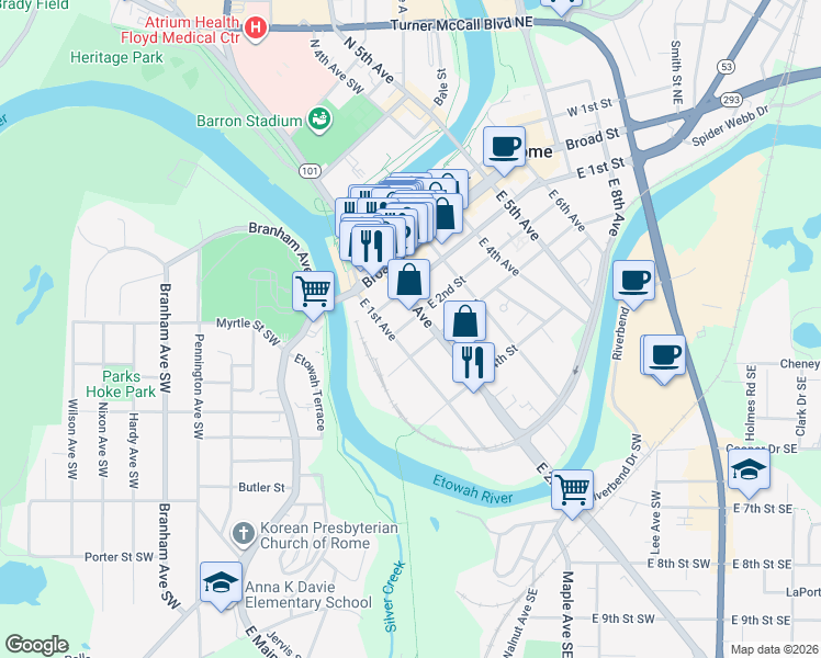 map of restaurants, bars, coffee shops, grocery stores, and more near 200 East 2nd Avenue in Rome