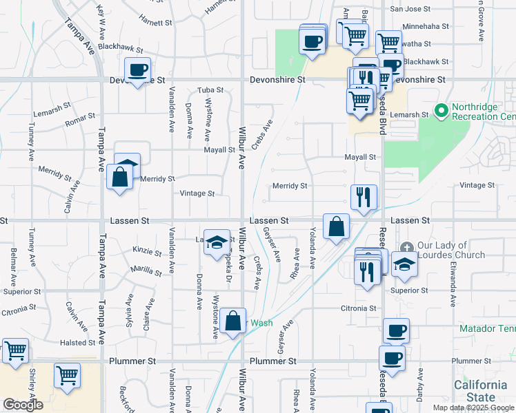 map of restaurants, bars, coffee shops, grocery stores, and more near 18822 Vintage Street in Los Angeles