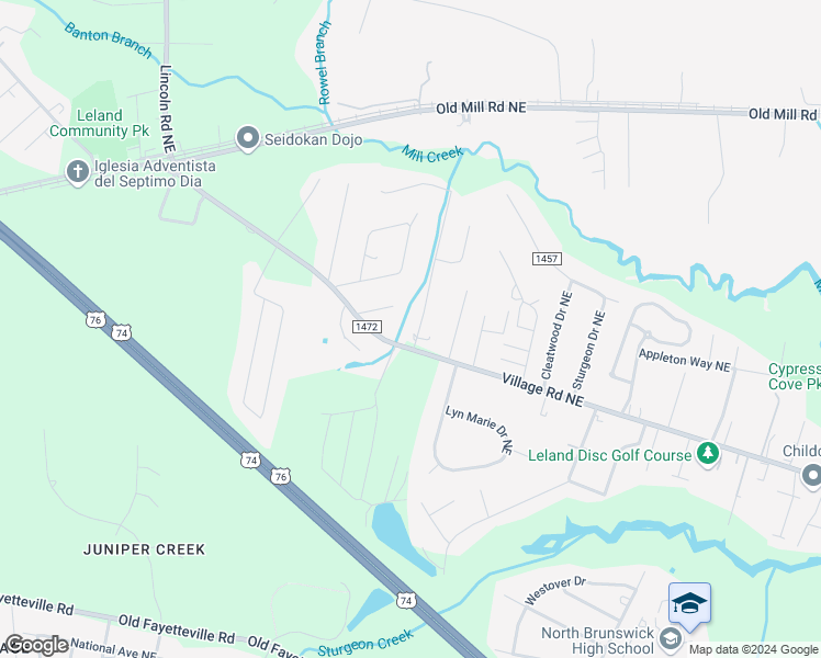 map of restaurants, bars, coffee shops, grocery stores, and more near 9513 Holly Hills Drive Northeast in Leland