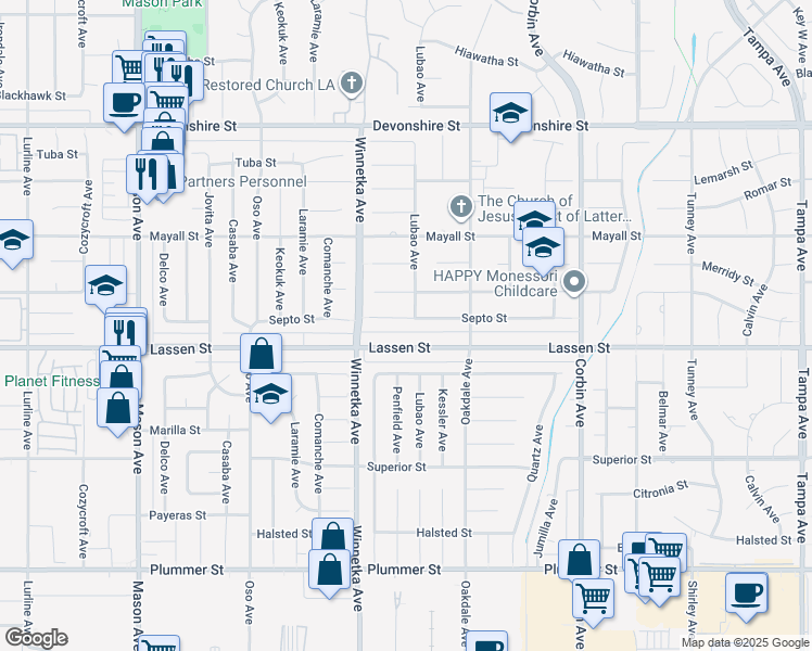 map of restaurants, bars, coffee shops, grocery stores, and more near 20004 Septo Street in Los Angeles