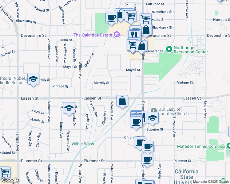 map of restaurants, bars, coffee shops, grocery stores, and more near 18650 Vintage Street in Los Angeles