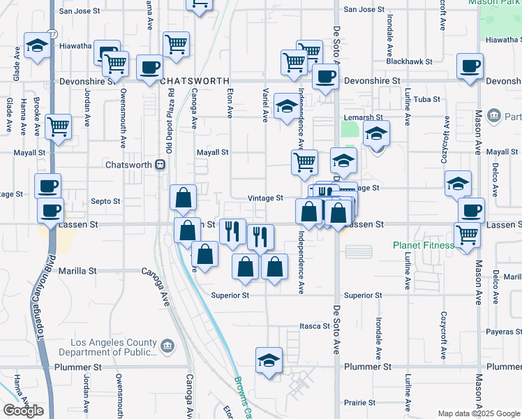 map of restaurants, bars, coffee shops, grocery stores, and more near 9925 Variel Avenue in Los Angeles