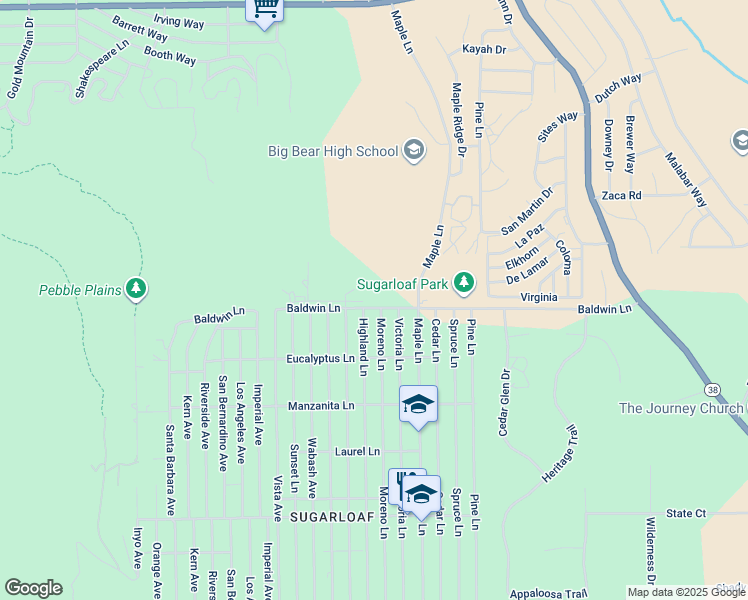 map of restaurants, bars, coffee shops, grocery stores, and more near 44500 Baldwin Lane in Big Bear