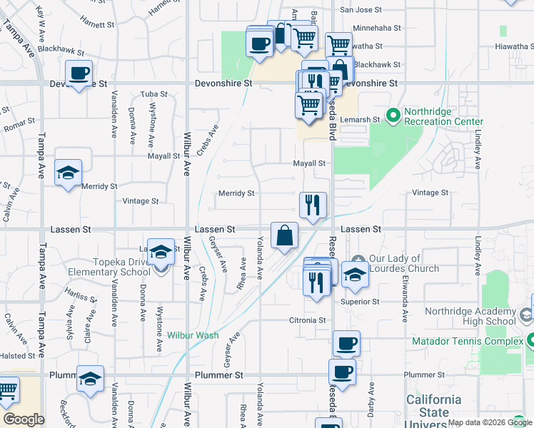 map of restaurants, bars, coffee shops, grocery stores, and more near 18650 Vintage Street in Los Angeles