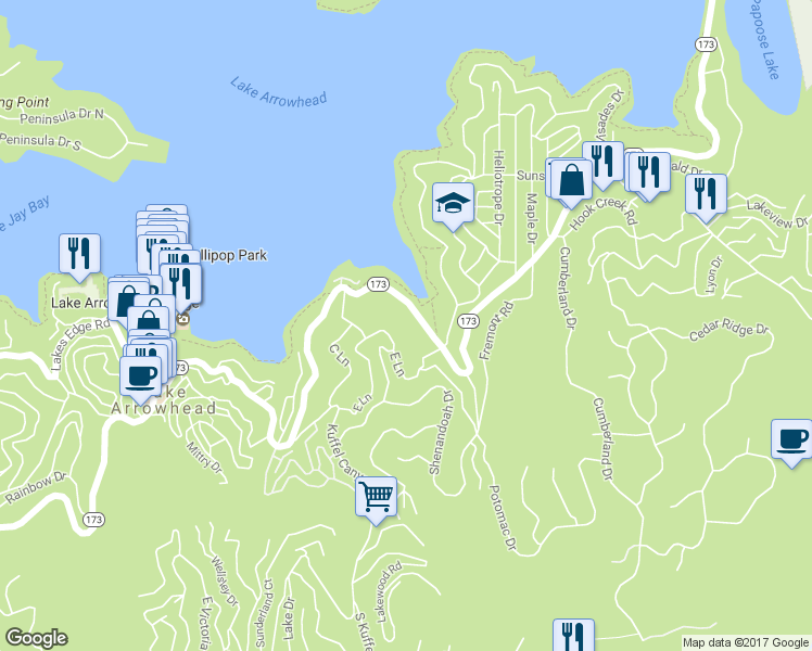 map of restaurants, bars, coffee shops, grocery stores, and more near in Lake Arrowhead