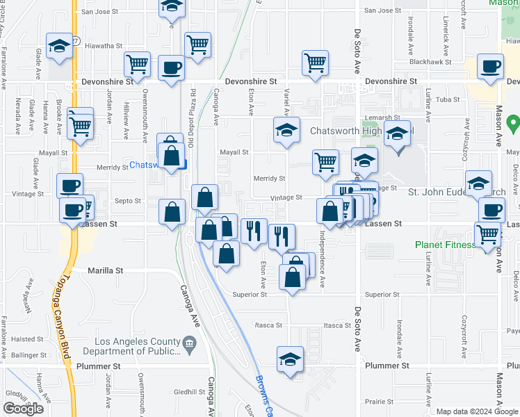 map of restaurants, bars, coffee shops, grocery stores, and more near 21209 Lassen Street in Los Angeles