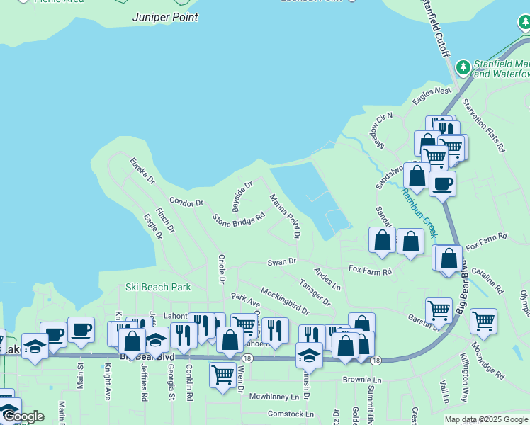 map of restaurants, bars, coffee shops, grocery stores, and more near 41598 Stone Bridge Rd in Big Bear Lake