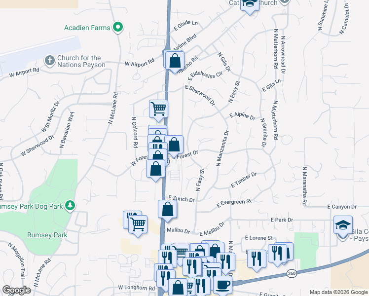 map of restaurants, bars, coffee shops, grocery stores, and more near 806 North Easy Street in Payson