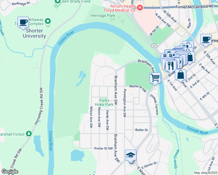 map of restaurants, bars, coffee shops, grocery stores, and more near 101 Hardy Avenue Southwest in Rome