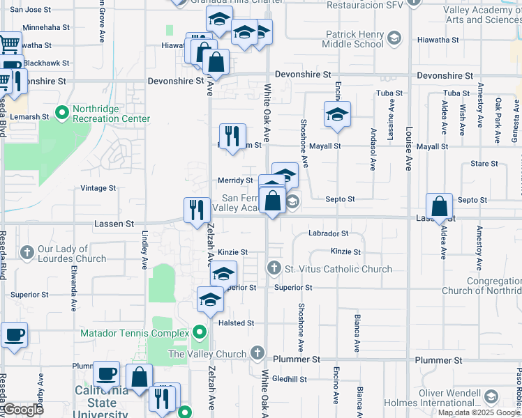 map of restaurants, bars, coffee shops, grocery stores, and more near 9907 White Oak Avenue in Los Angeles