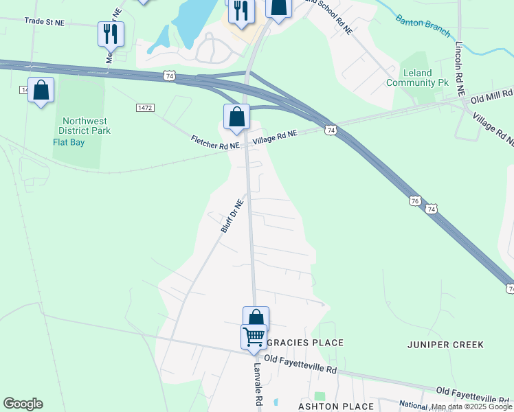 map of restaurants, bars, coffee shops, grocery stores, and more near 1588 Lanvale Road in Leland