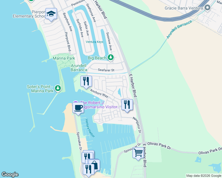 map of restaurants, bars, coffee shops, grocery stores, and more near 117 Ventura Marina Mobile Home Park in Ventura