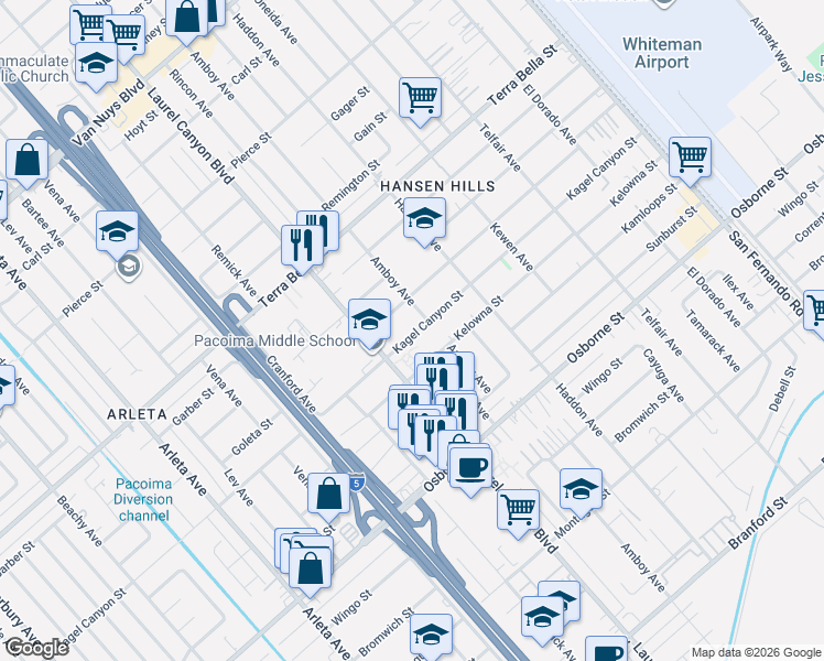 map of restaurants, bars, coffee shops, grocery stores, and more near 13249 Kagel Canyon Street in Los Angeles