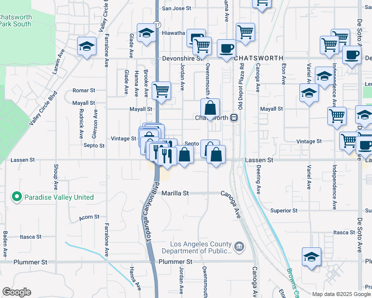 map of restaurants, bars, coffee shops, grocery stores, and more near 9920 Jordan Avenue in Chatsworth