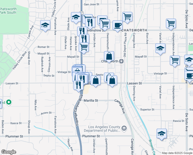 map of restaurants, bars, coffee shops, grocery stores, and more near 9920 Jordan Avenue in Los Angeles
