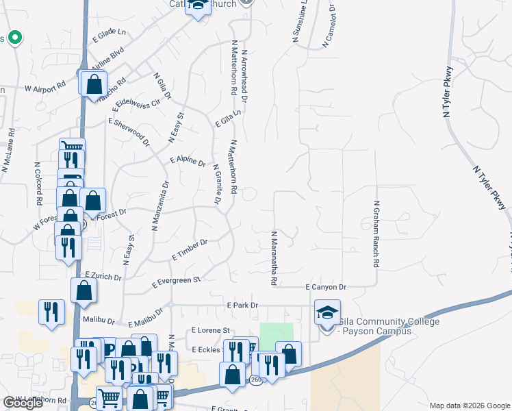 map of restaurants, bars, coffee shops, grocery stores, and more near 606 North Maranatha Road in Payson