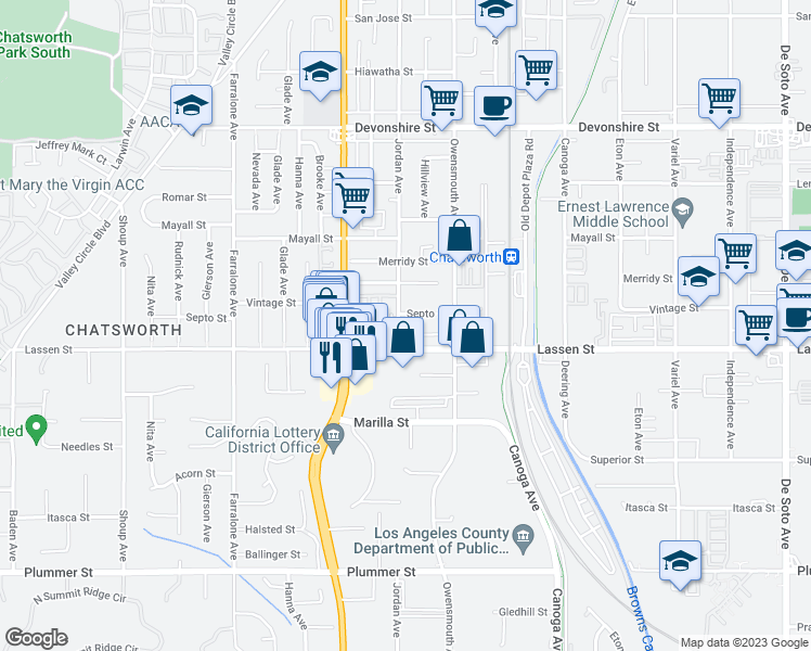 map of restaurants, bars, coffee shops, grocery stores, and more near 9920 Jordan Avenue in Los Angeles
