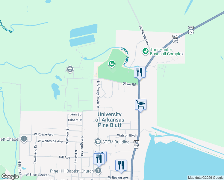 map of restaurants, bars, coffee shops, grocery stores, and more near 2198 Woodgate Drive in Pine Bluff