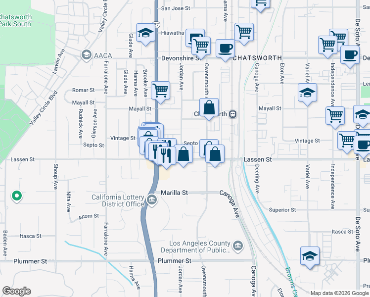 map of restaurants, bars, coffee shops, grocery stores, and more near 9920 Jordan Avenue in Los Angeles