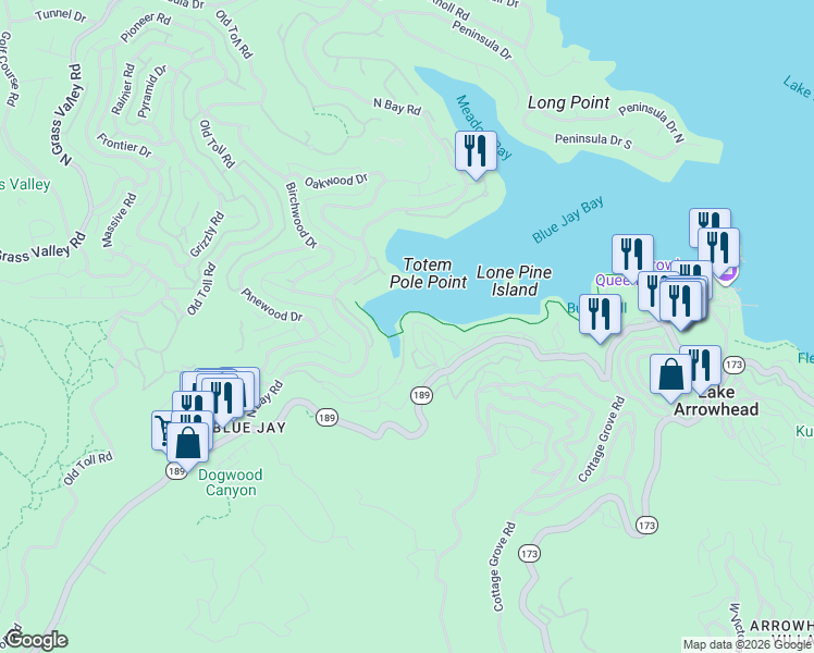 map of restaurants, bars, coffee shops, grocery stores, and more near 161 Rocky Point Road in Lake Arrowhead