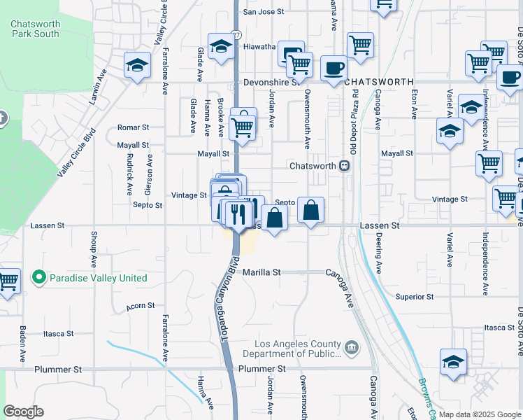 map of restaurants, bars, coffee shops, grocery stores, and more near 21901 Lassen Street in Los Angeles