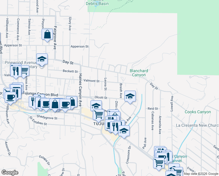 map of restaurants, bars, coffee shops, grocery stores, and more near 6538 Valmont Street in Los Angeles