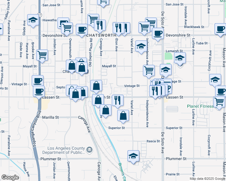 map of restaurants, bars, coffee shops, grocery stores, and more near 21333 Lassen Street in Los Angeles