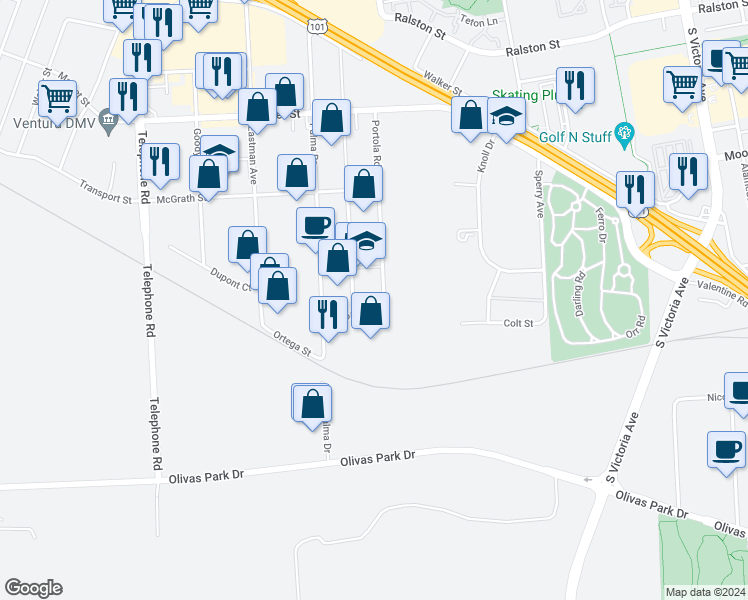 map of restaurants, bars, coffee shops, grocery stores, and more near 2493 Portola Road in Ventura
