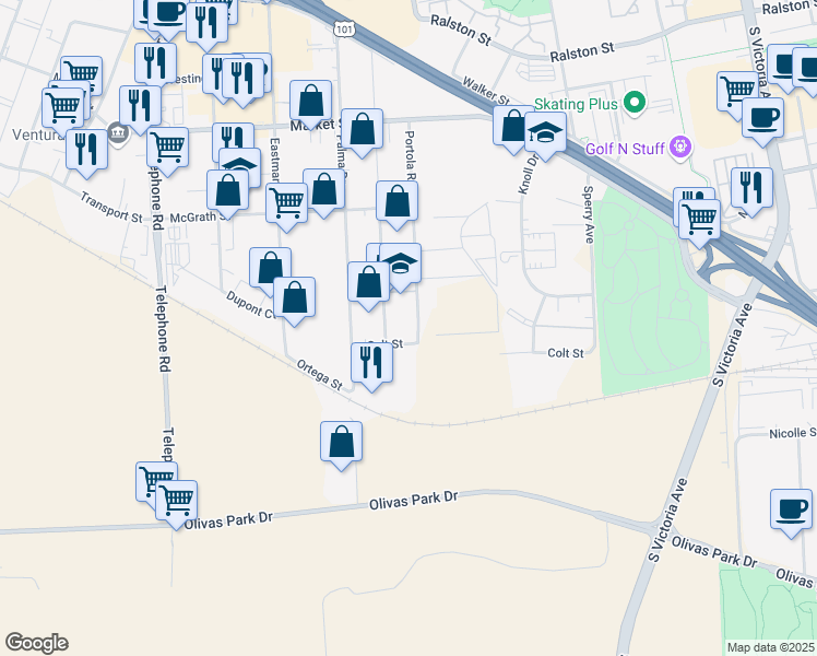 map of restaurants, bars, coffee shops, grocery stores, and more near 2493 Portola Road in Ventura