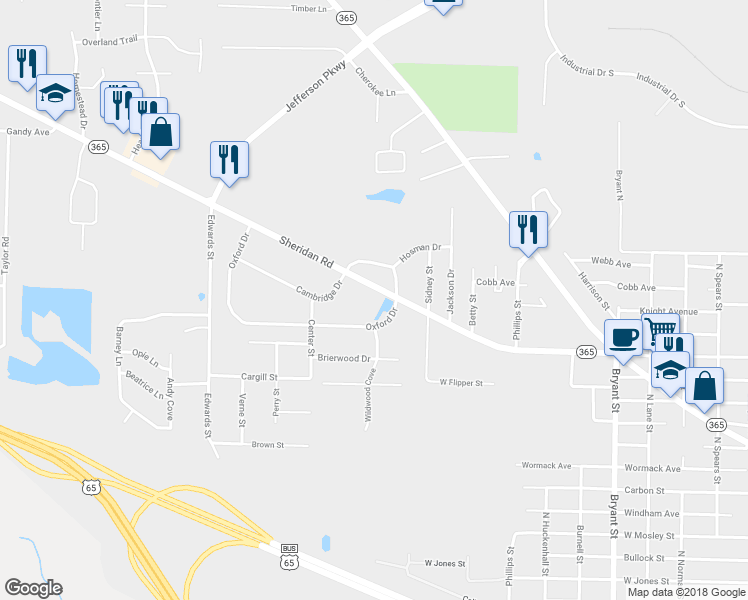 map of restaurants, bars, coffee shops, grocery stores, and more near 6514 Sheridan Road in Pine Bluff