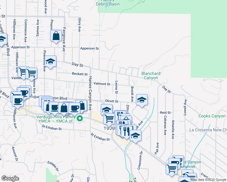 map of restaurants, bars, coffee shops, grocery stores, and more near 10041 Leona Street in Los Angeles