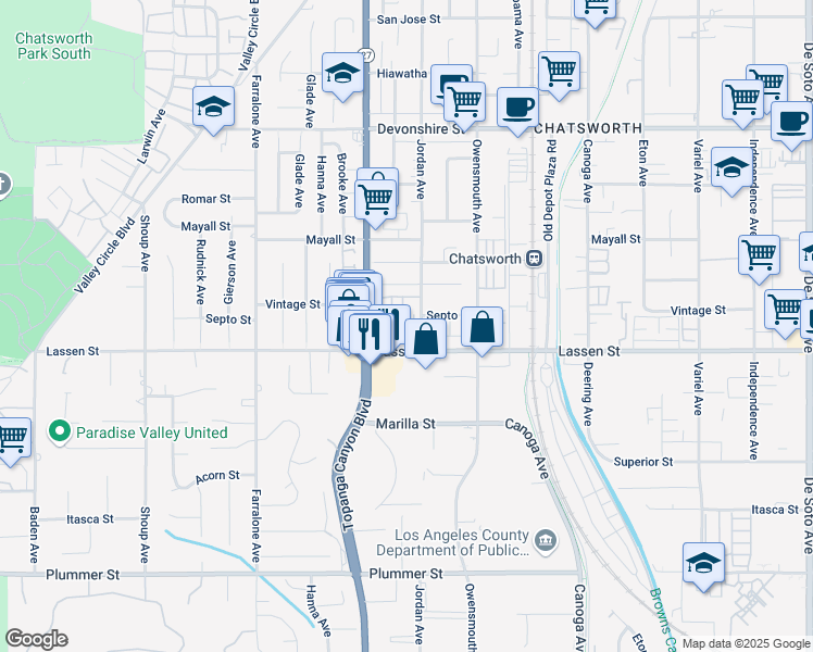 map of restaurants, bars, coffee shops, grocery stores, and more near 9950 California 27 in Los Angeles