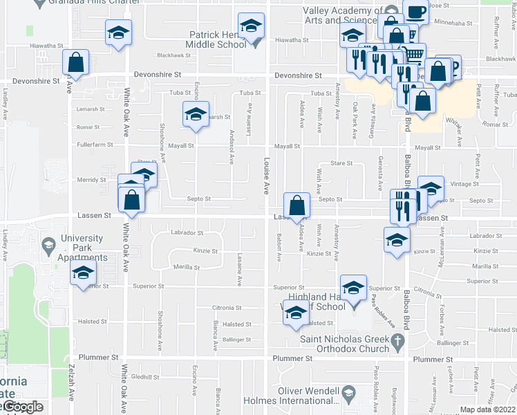 map of restaurants, bars, coffee shops, grocery stores, and more near Lassen Ct in Los Angeles