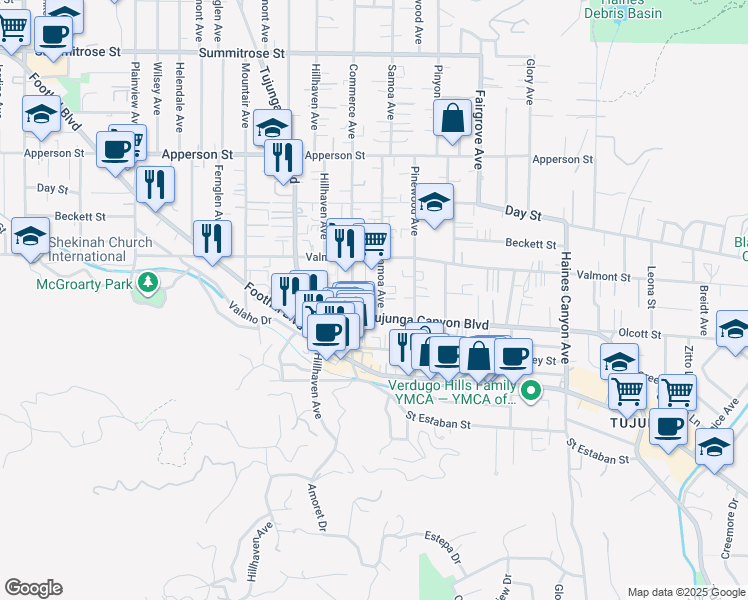 map of restaurants, bars, coffee shops, grocery stores, and more near 10117 West Amber Court in Los Angeles
