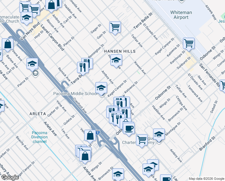 map of restaurants, bars, coffee shops, grocery stores, and more near 13247 Kagel Canyon Street in Los Angeles
