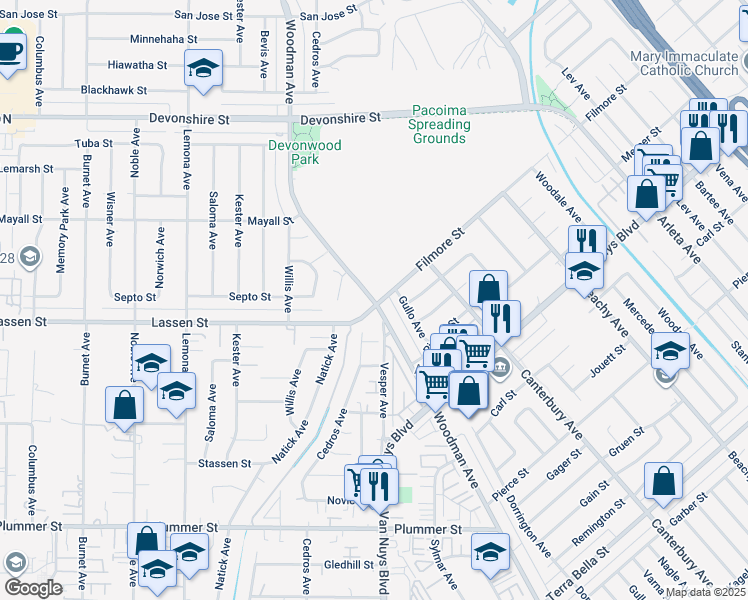 map of restaurants, bars, coffee shops, grocery stores, and more near 9918 Woodman Avenue in Los Angeles